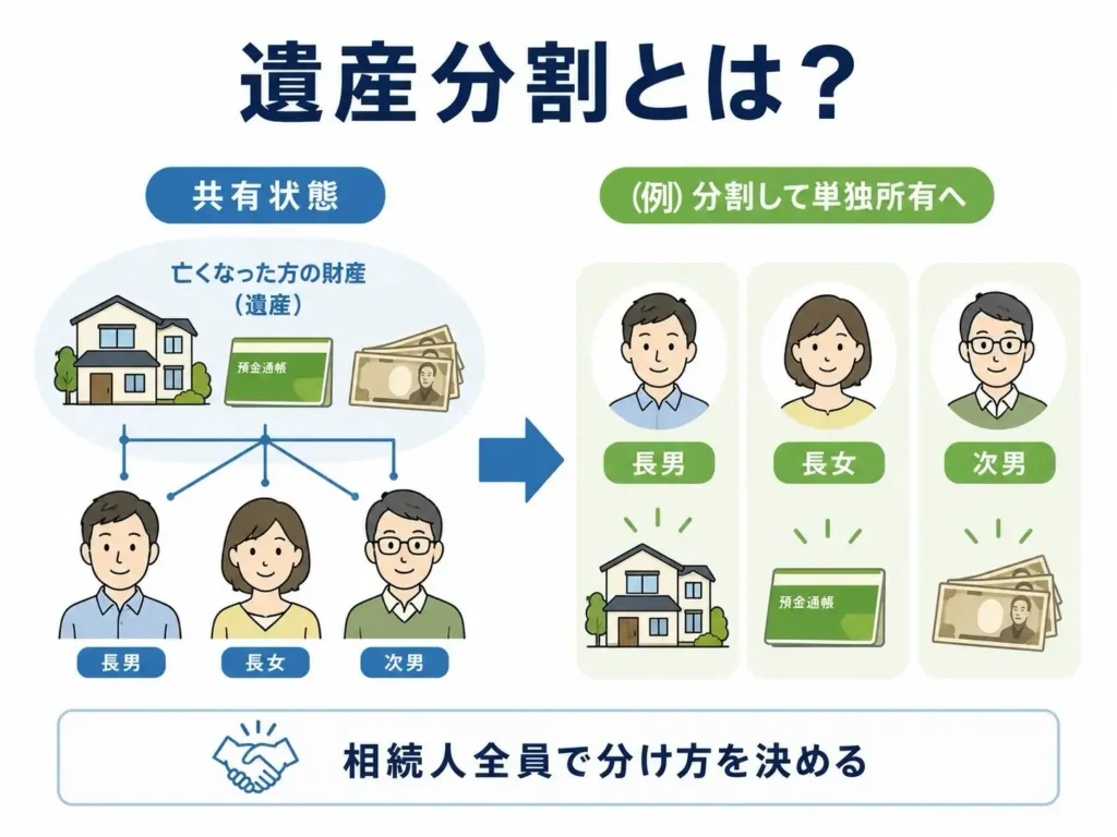 遺産分割とは？続財産の共有状態を解消し、個々の相続財産を各相続人に、法定相続分や指定相続分に応じて分割し、単独所有にするための手続が遺産分割です。