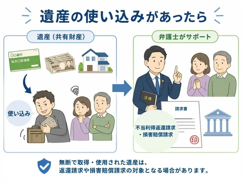 遺産の使い込みがあったら。無断で取得・使用された遺産は、返還請求や損害賠償請求の対象となる場合があります。